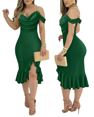 CHICME Womens Sexy Bodycon Party Dress Off The Shoulder Pearls Strap Midi Dress Ruffle Hem Cockta... | Amazon (US)