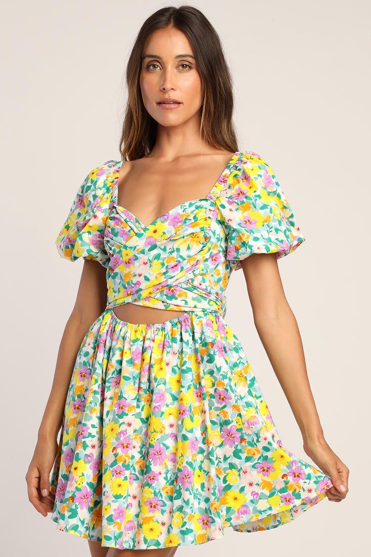 Attract Attention Multi Floral Puff Sleeve Tie-Front Mini Dress | Lulus (US)