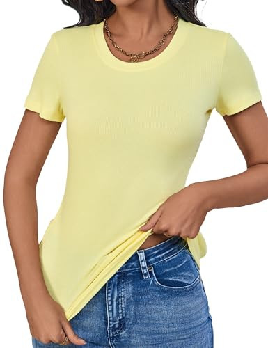Yellow Short Sleeve Tops Womens Ribbed Basic Trendy Stretchy Lightweight Summer Tops(Yellow Small) | Amazon (US)