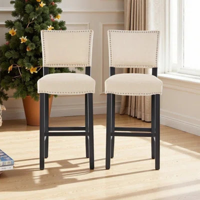 Set Of 2 Upholstered Barstools With Wood Frame & Fabric Sponge Cushions | Wayfair North America