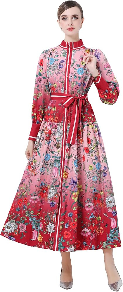 LAI MENG FIVE CATS Women's Vintage Floral Print Long Lantern Sleeve Button Up Loose Fit Party Max... | Amazon (US)