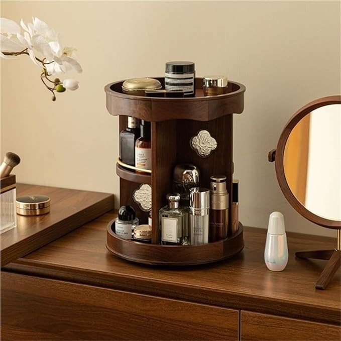 Rotating Wooden Cosmetics Organizer with Glass Accent, Large-Capacity Desktop Carousel for Makeup... | Amazon (US)