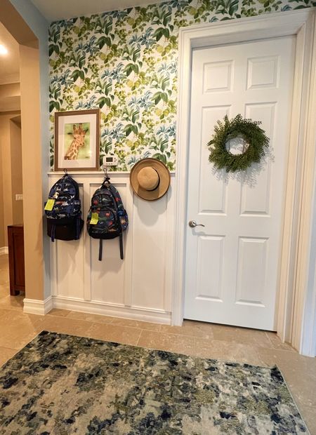 Home decor 💚 rug, wallpaper, backpacks, mudroom, laundry room