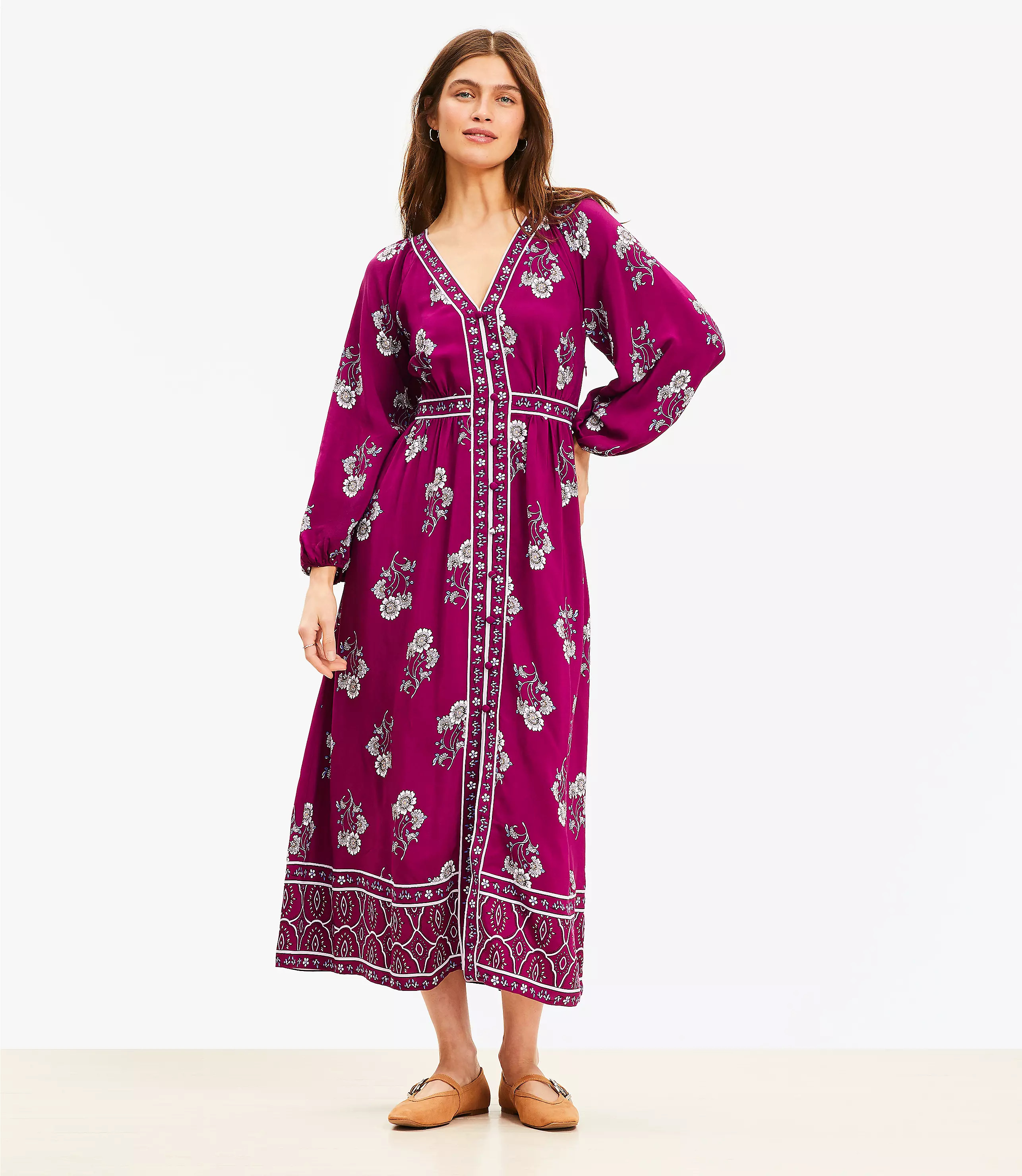 Floral Puff Sleeve Button Midi Dress | LOFT