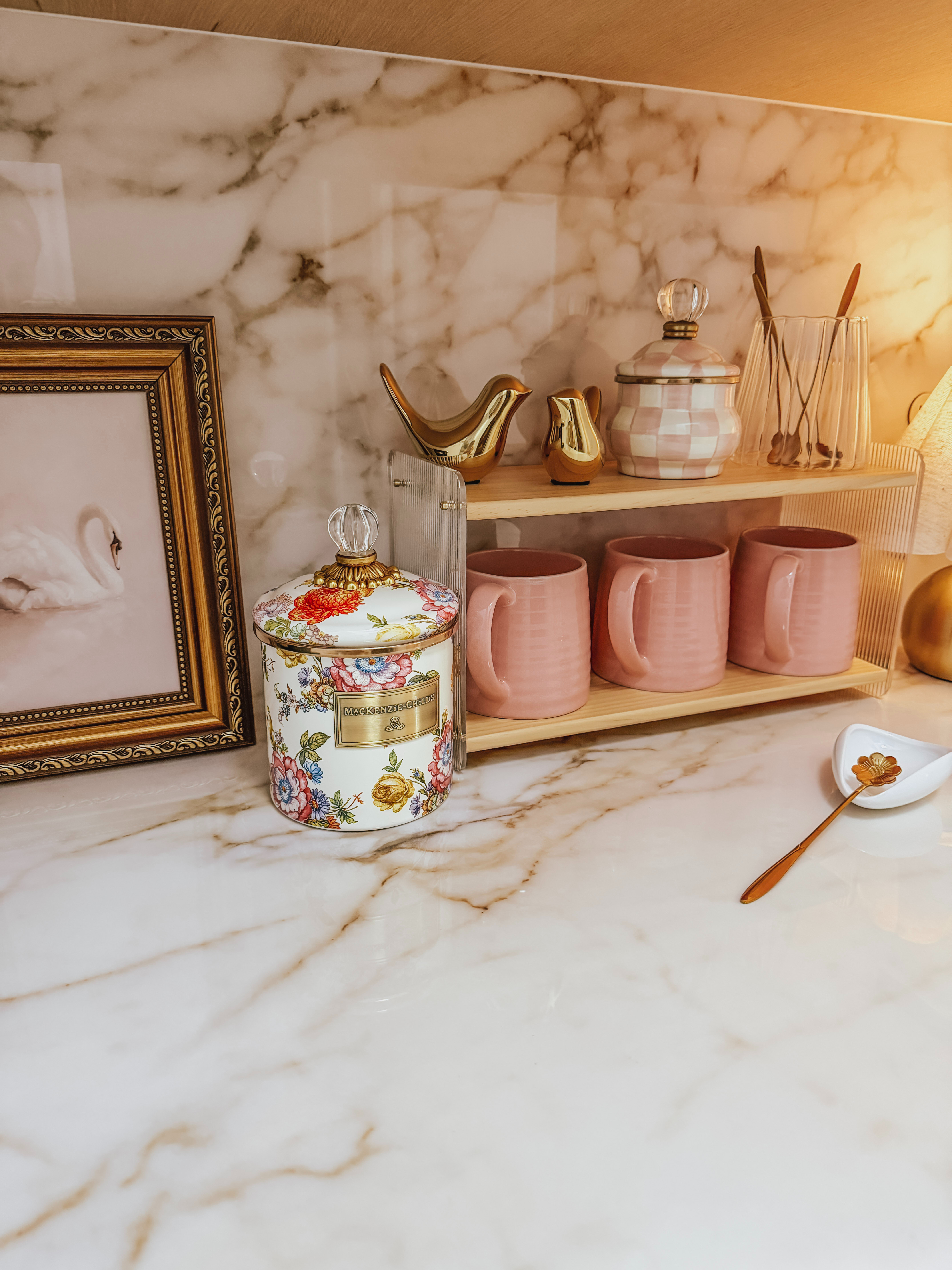A cozy coffee bar filled blush-pink coffee cups and accents of gold! Creating an atmosphere that feels both elegant and comforting — the perfect spot to savor a quiet moment over a hot cup of coffee. 

 #LTKHome