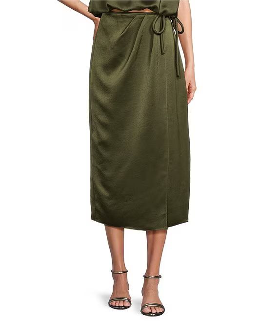 x Elizabeth Damrich Annie Draped Satin Wrap Tie Waist Midi Skirt | Dillard's