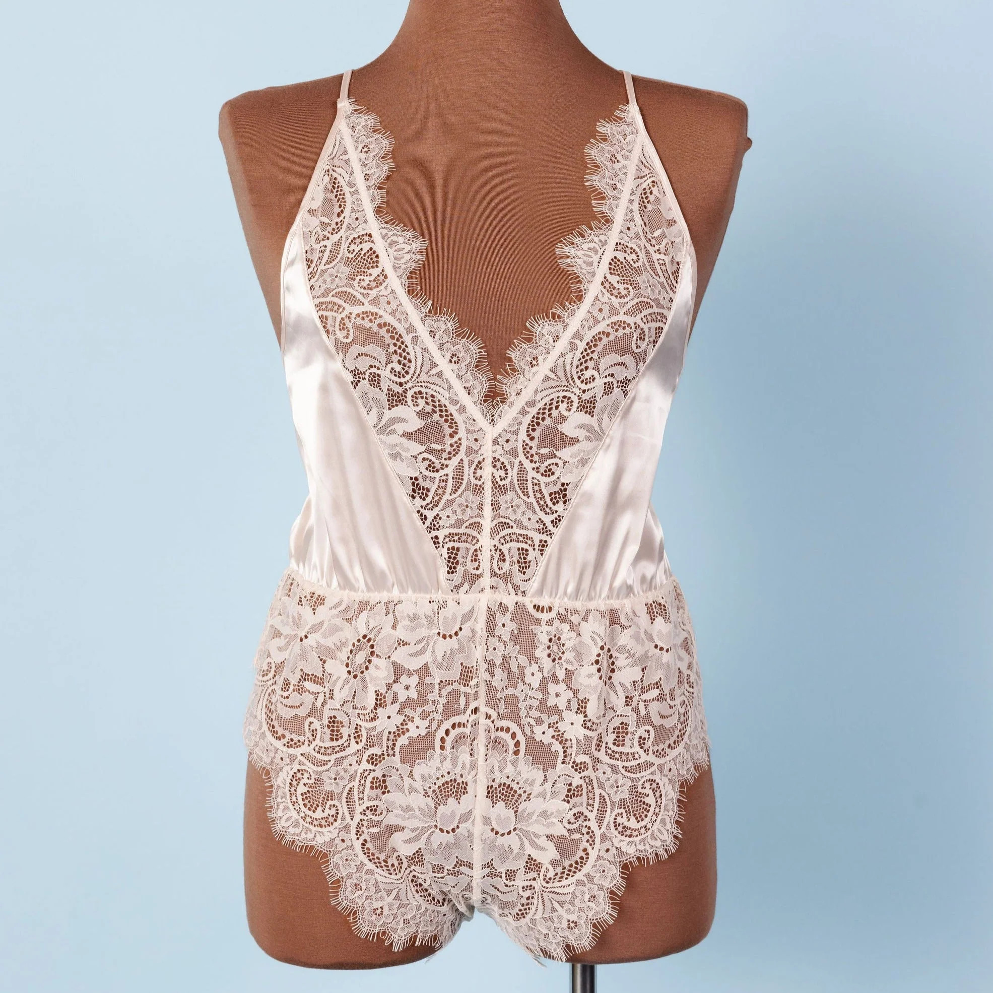 Satin & Eyelash Lace Romper - Champagne | Mentionables