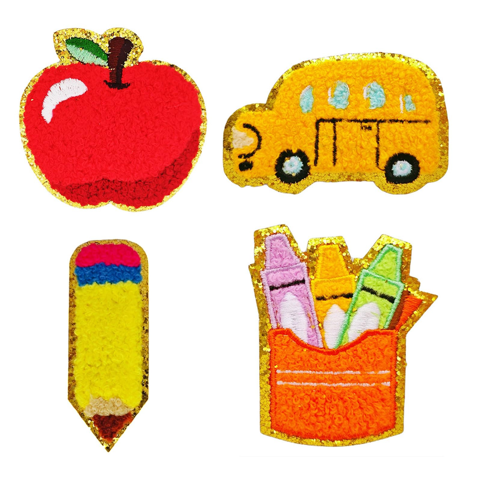 4PCS Back to School Iron On Patches - Glitter Chenille Embroidered Pencil, Apple & School Bus, DI... | Amazon (US)