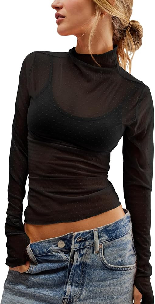 Womens Mesh Sheer Lace Laying Top Mock Neck Long Sleeve Polka Dot See Through Shirt Blouses Tops | Amazon (US)