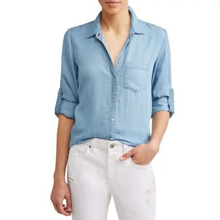 Chambray Button Down Pocket Shirt Women's | Walmart (US)