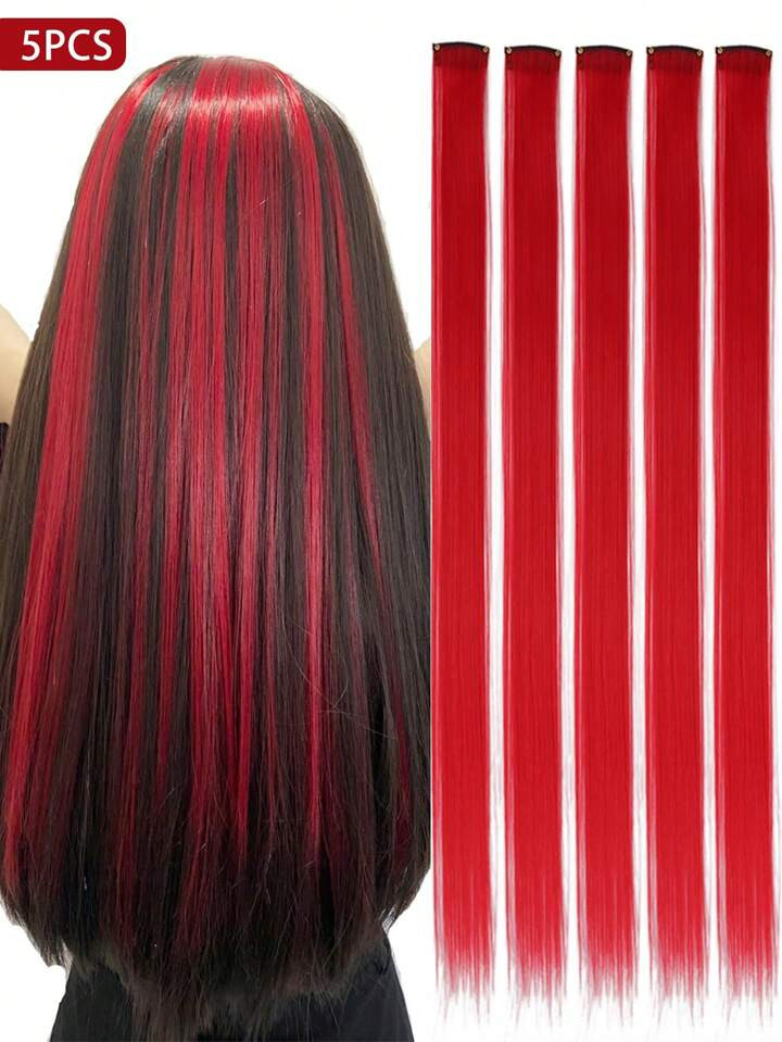 5 PCS Red Colored Clip In Hair Extensions 20 Inch Long Straight Hairpieces Clip In Synthetic, Hal... | SHEIN