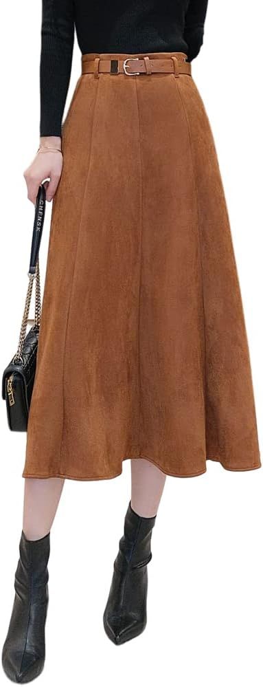 1245-1 Faux Suede Leather A-line Skirt for Women High Waist Brown Long Midi Belt Skirts | Amazon (US)