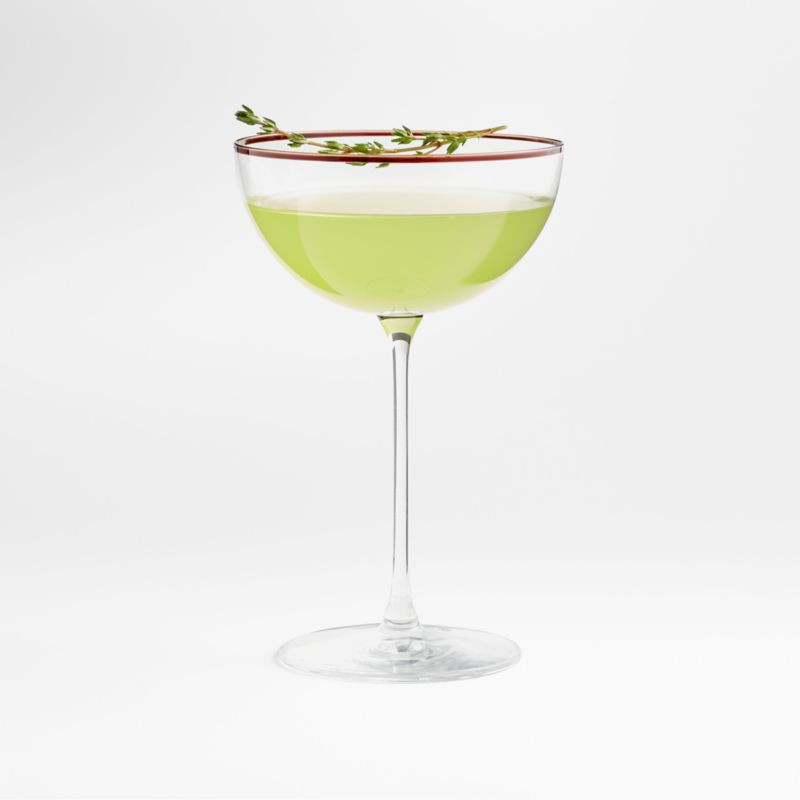 Camille Long-Stem Christmas Champagne Coupe Glass with Red Rim | Crate & Barrel | Crate & Barrel