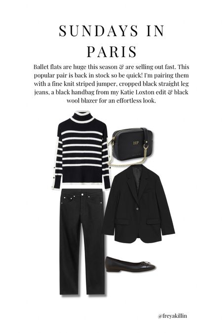 Ballet flats are huge this season & are selling out fast. This popular pair is back in stock so be quick! I'm pairing them with a fine knit striped jumper, cropped black straight leg jeans, a black handbag from my Katie Loxton edit & black wool blazer for an effortless look.

#LTKSeasonal #LTKstyletip #LTKitbag