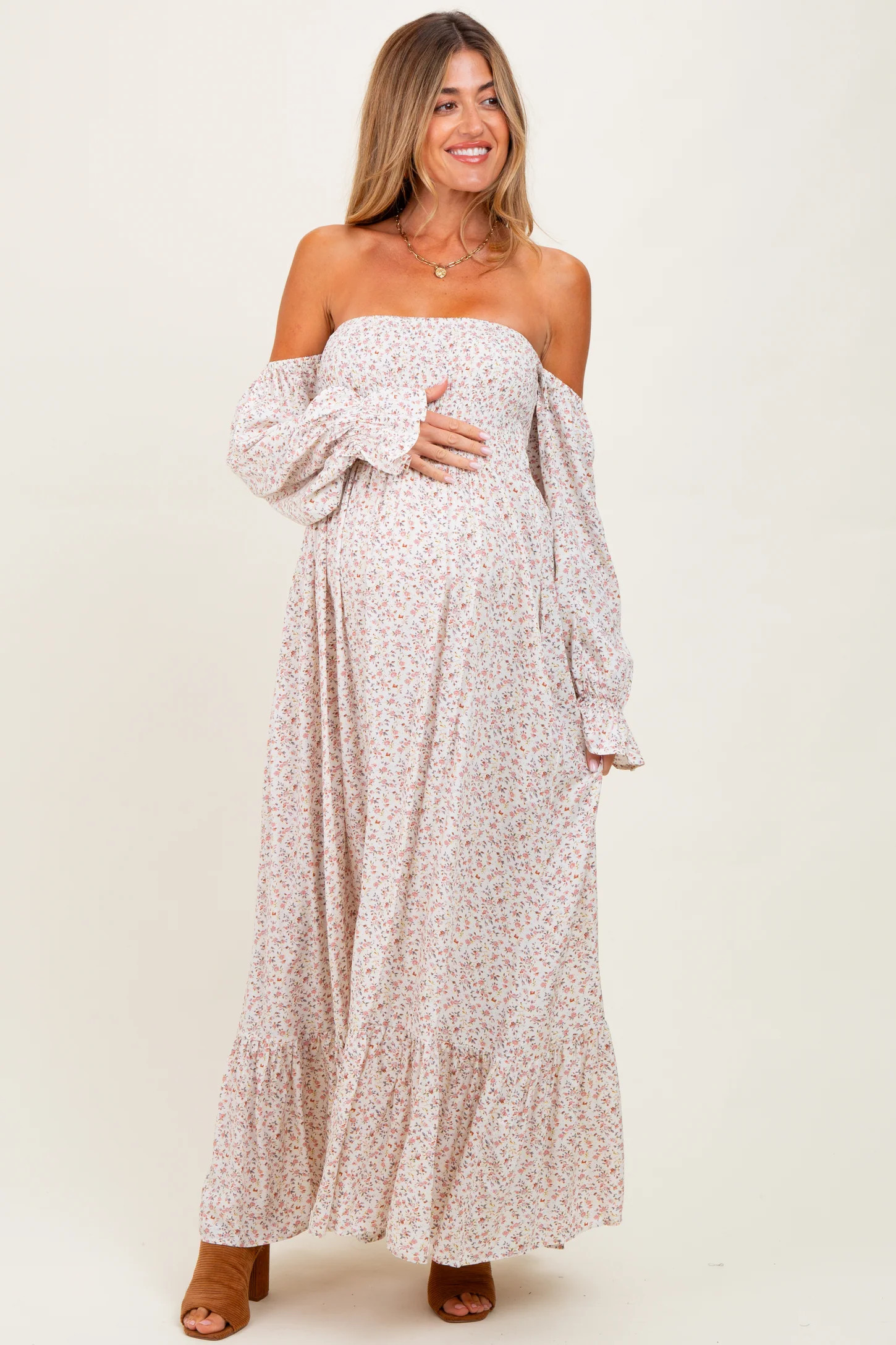 Cream Floral Smocked Off Shoulder Maternity Maxi Dress | PinkBlush Maternity
