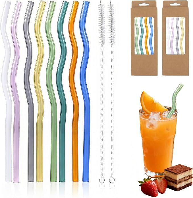 Reusable Glass Straws 8 PCS 8-Inch Wavy Colorful Set - Shatter Resistant Glass Straws with 2 PCS ... | Amazon (US)