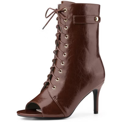 BLISSFUL STEP Women's Lace Up Peep Toe Stiletto Heel Ankle Boots 7 Brown | Target