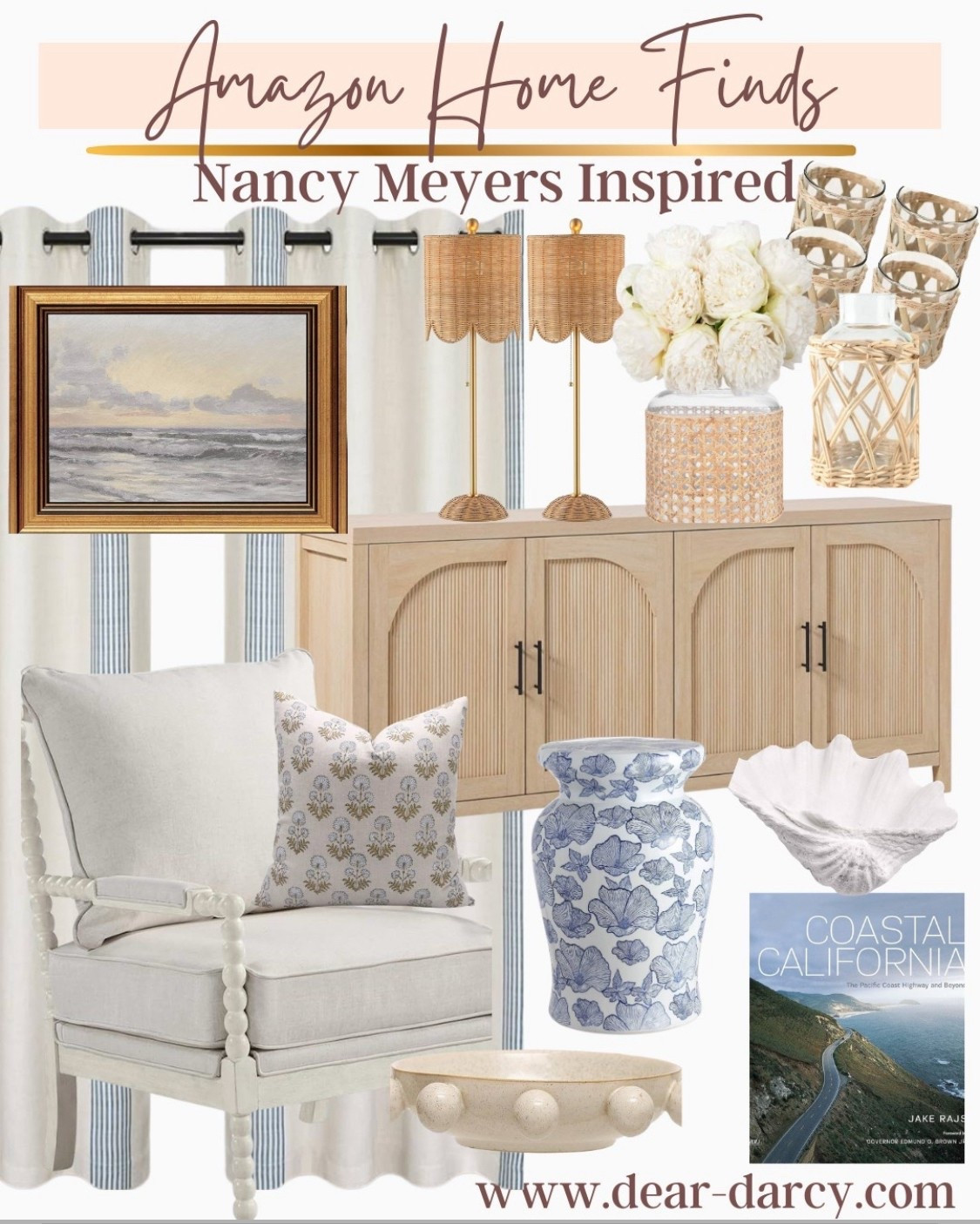 Nancy Myers Coastal cottage
Amazon finds 

Beautiful and affordable classic  pieces for a summer refresh 

These curtains are so beautiful and are high end quality (we used in my mom’s guest room!

Darling chair with turned legs 
Buffet or entry table
Coastal canvas art work 
Whicker lamp shade lamps (we did these in my moms guest room as well:) 
Coastal coffee table book 
Large sea shell bowl
Blue white ginger jar
Pillow 
Cane /whicker glass’s wear 
Pitcher / vase 


#LTKStyleTip #LTKHome #LTKSummerEdit