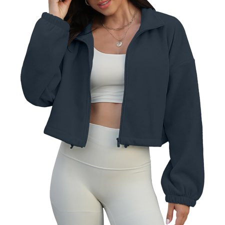 MPWEGNP Womens Coat Full Zip Fleece Short Jacket Warm Winter Long Sleeve Stand Collar Crop Coat Winter Coats for Women Navy S | Walmart (US)