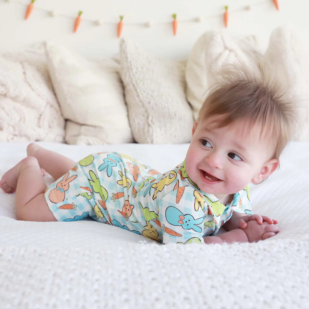 Snuggle Bunny Button Romper | Blue | Caden Lane