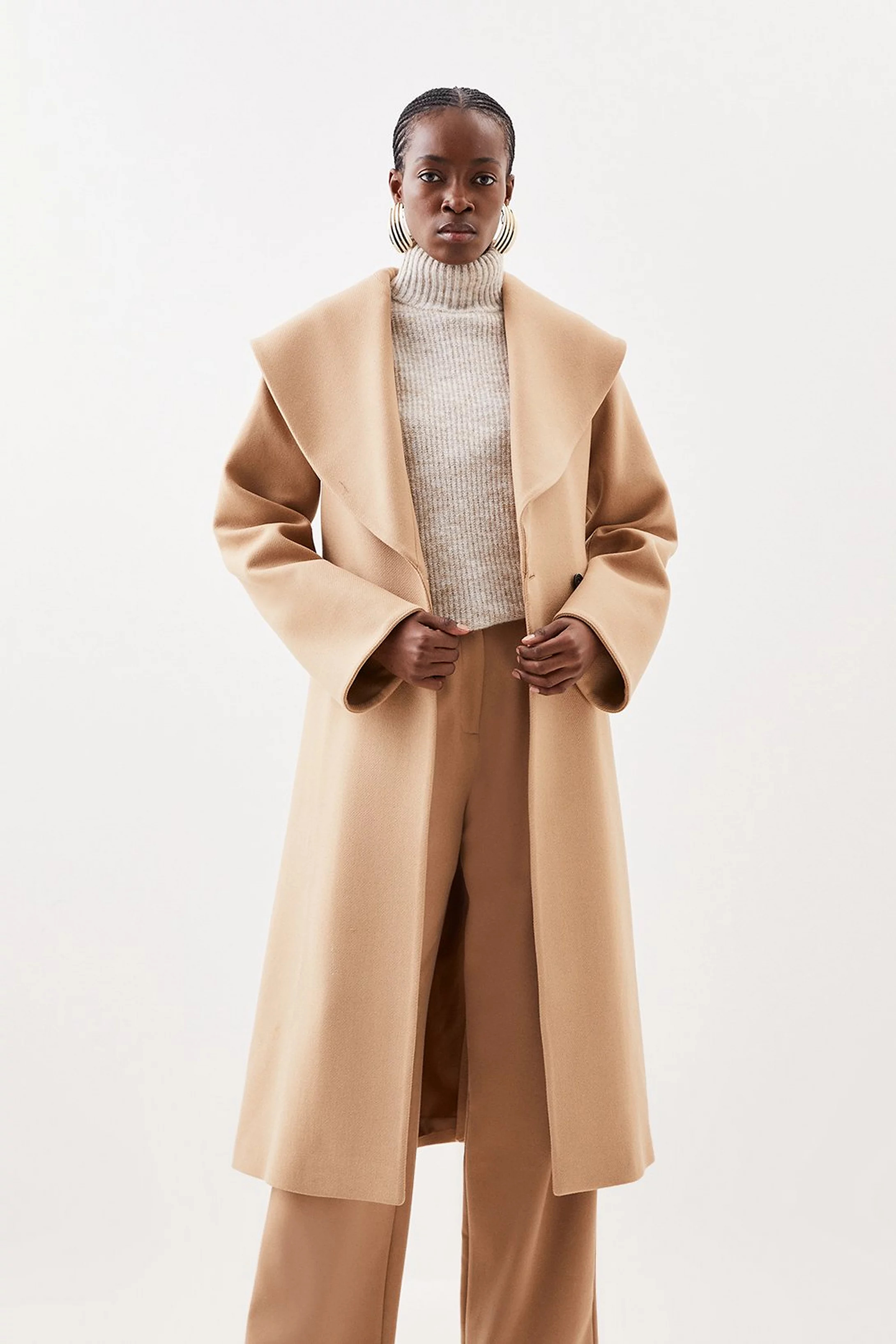 Italian Wool Oversize Collar Belted Coat | Karen Millen US
