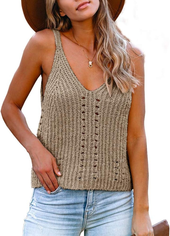 Flawerwumen Womens V Neck Tank Tops Sweater Vest Knit Sleeveless Strappy Casual Sheer Pullover Sweat | Amazon (US)
