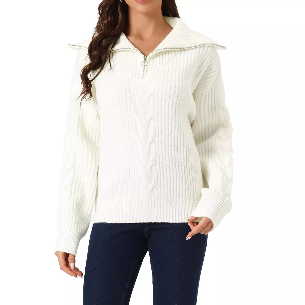 Seta T Women's Casual Long Sleeve Half Zip V Neck Collar Ribbed Knit Sweater | Target