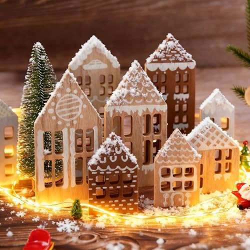 Xihaian 9 Pcs Christmas Village Houses Set with String Light Rustic Wooden Gingerbread House Xmas Decoration Centerpiece for Home Desk Shelf Mantel Farmhouse Tabletop (Style2) | Amazon (US)
