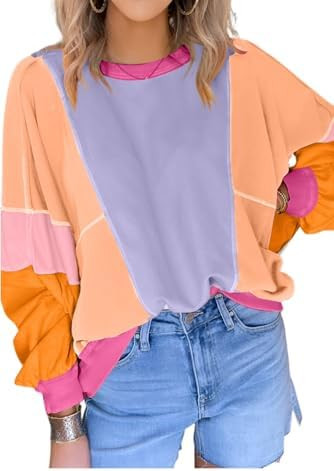 KevaMolly Womens Long Sleeve Tops Colorblock Patchwork Exposed Stitching Oversize Top Round Neck ... | Amazon (US)