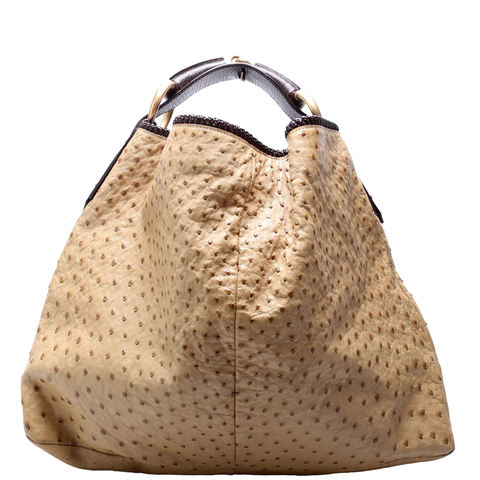 114900 Ostrich Horsebit Hobo Tan | Keeks Designer Handbags