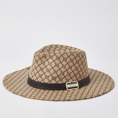 Beige RI monogram trim fedora hat | River Island (US)