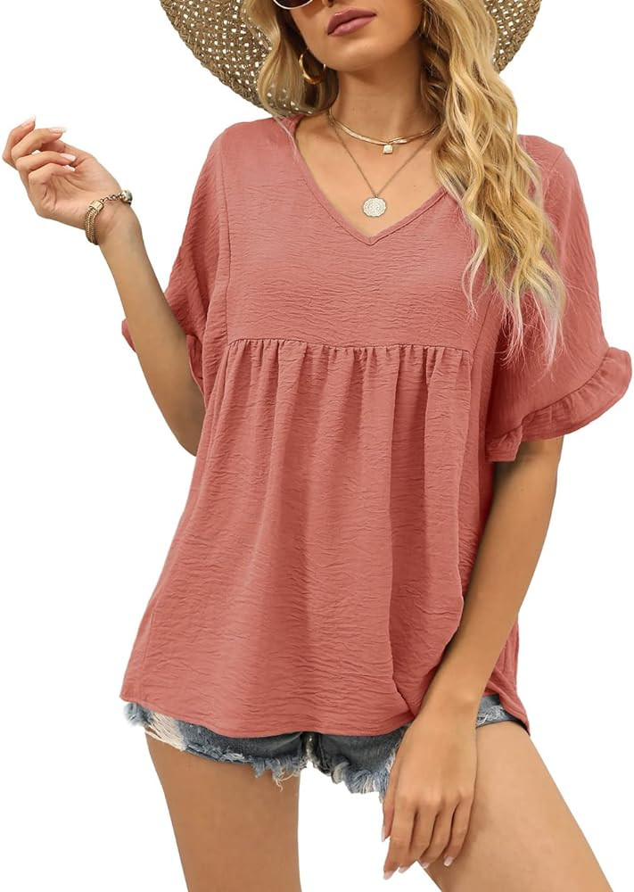 Womens Tops Casual V Neck Ruffle Sleeve T Shirts Babydoll Loose Fit Peplum Tops | Amazon (US)