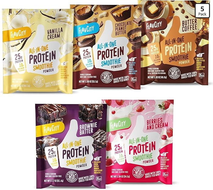 FlavCity Grass Fed Whey Protein Powder - Variety Pack - 25g Protein & 10g Collagen - 5 Single Ser... | Amazon (US)
