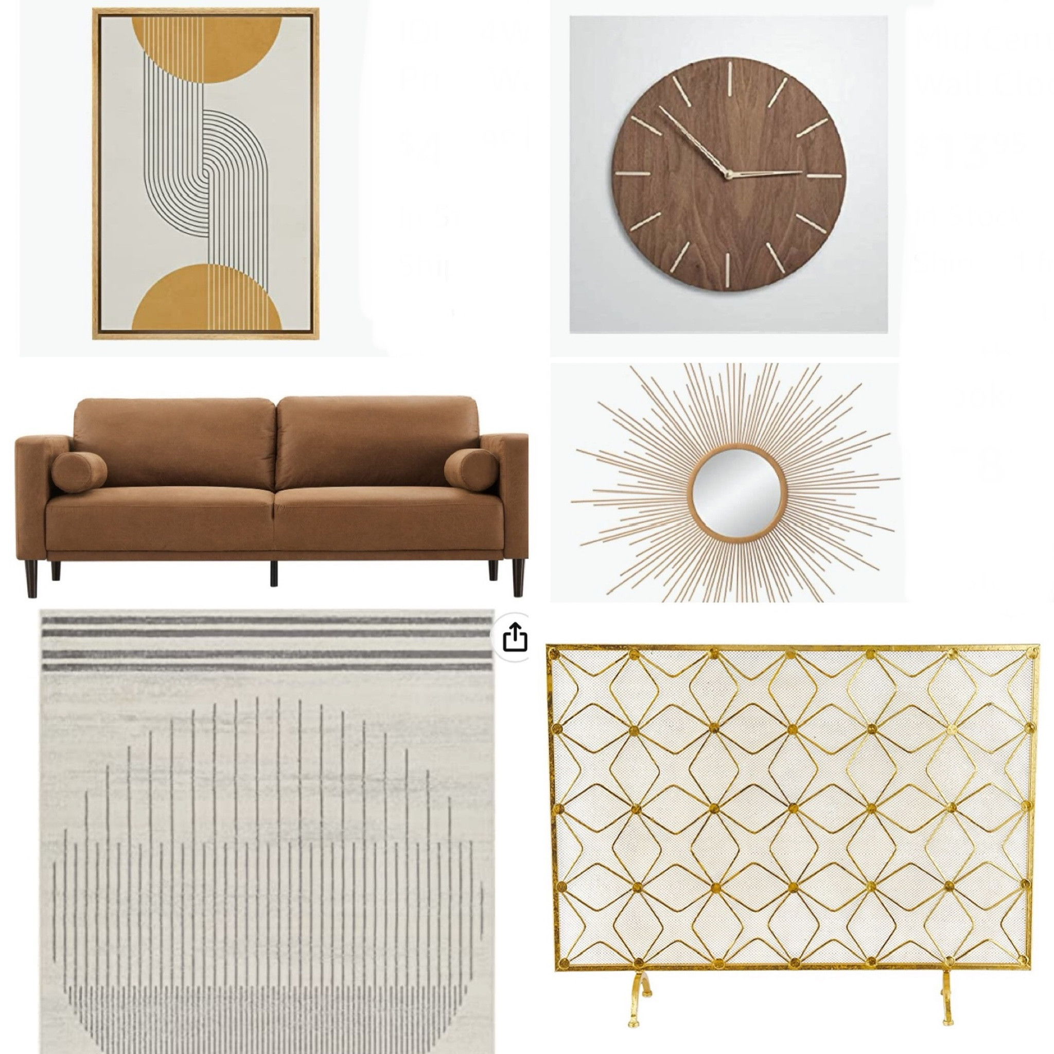 Classic mid century pieces that are budget-friendly!! Love this retro design board!!  

Mid century art. Geometric art modern clock. Wood clock. leather sofa. starburst mirror. Mid century decor. modern rug. Neutral rug. Gold fire screen  

#LTKfamily #LTKhome #LTKstyletip