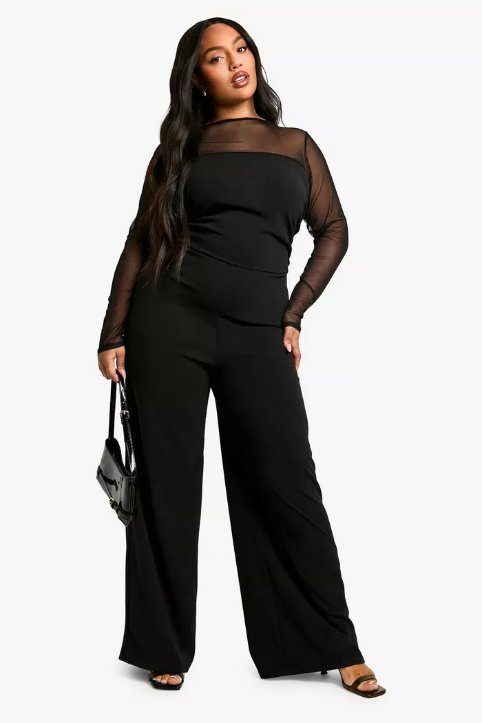 Plus Mesh Ruched Wide Leg Jumpsuit | boohoo (US & Canada)