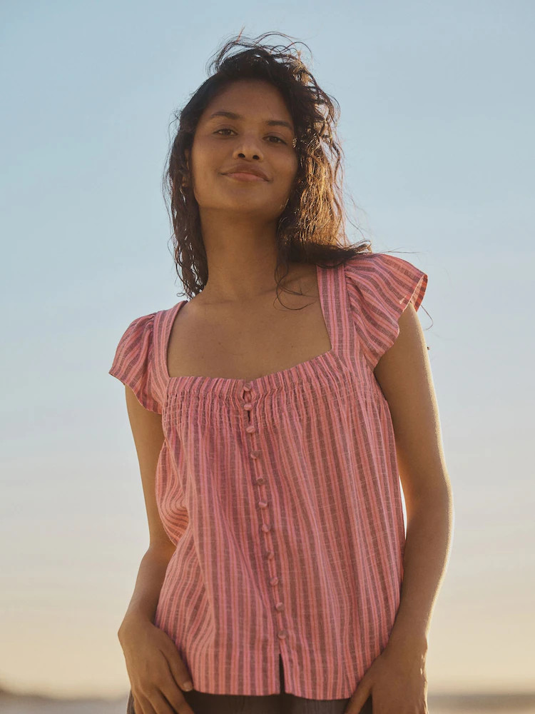 Pink Stripe Flutter Sleeve Button Front Top With Linen | Next EU