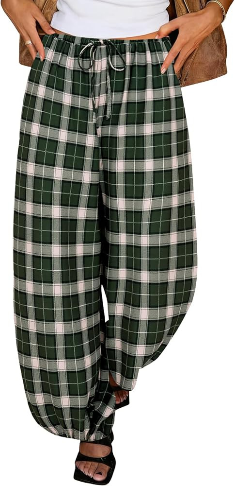 Tankaneo Womens Harem Pants Checkered Baggy Pants Plaid Balloon Pants | Amazon (US)