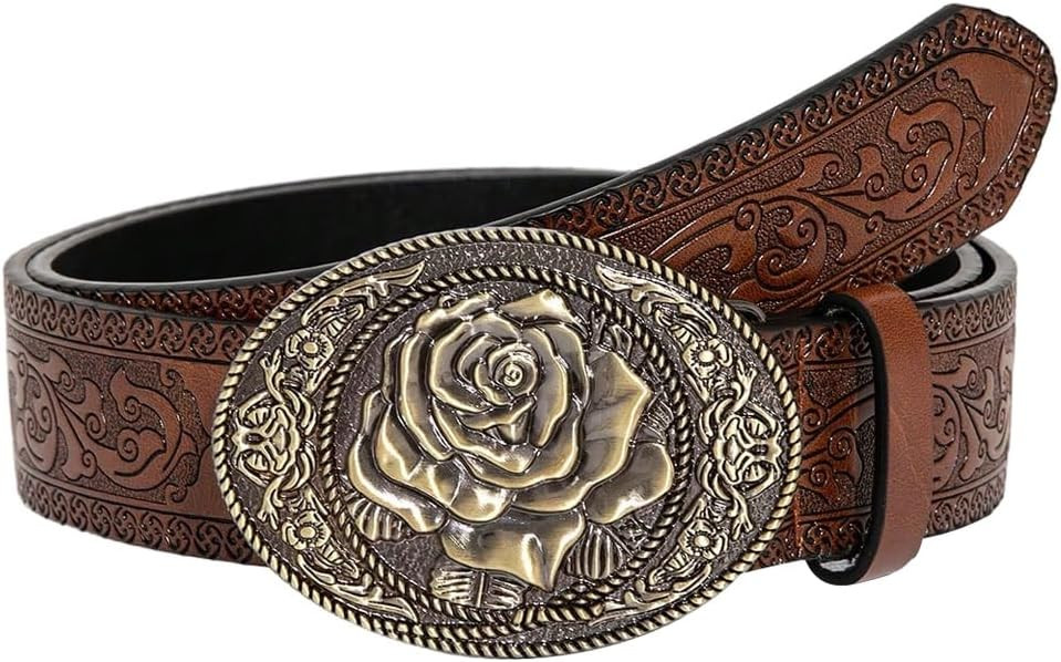 SHENHE Women's Western Cowgirl Belt Floral Engraved Metal Oval Vintage Leather Buckle Waist Belt ... | Amazon (US)