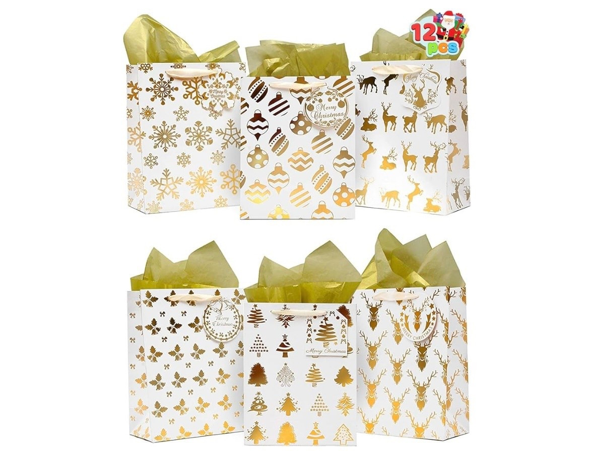 Christmas gift bags 12 PCS Christmas Holiday Foil Gold Gift Bags with Tissue Papers and Name Card Tags; Assorted White Winter Prints for Party Favors Goody Bags, Xmas Presents and Wrapping Stocking Stuffers

#LTKGiftGuide #LTKFindsUnder50 #LTKHoliday