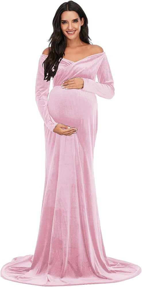 ZIUMUDY Velvet Maternity Off Shoulder Fitted Photography Gown Long Sleeve Maxi Photo Shoot Baby Show | Amazon (US)