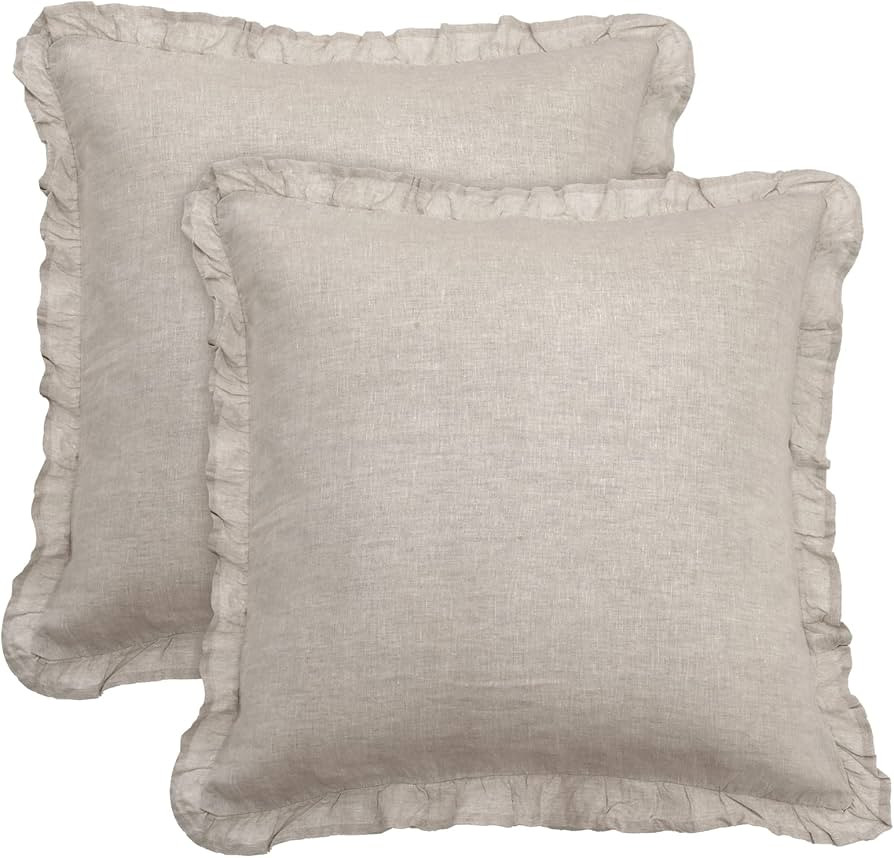 PHF 100% Linen Euro Sham with Ruffle, 26" X 26", Set of 2, No Insert, Washed Soft French Flax Eur... | Amazon (US)