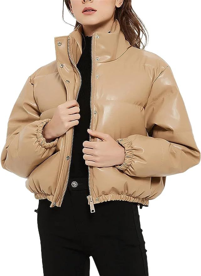 Tanming Women's Zip Up Faux PU Leather Bubble Coat Warm Short Puffer Jacket | Amazon (US)