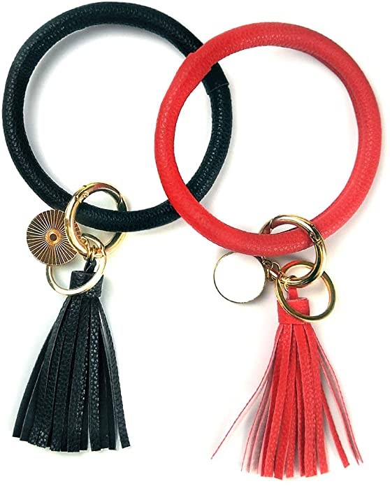 2pcs Wristlet Keychain Bracelet Bangle Keyring, Circle Key Ring Leather Tassel Bracelet Holder Fo... | Amazon (US)