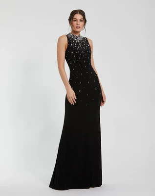 Black Rhinestone Embellished Sleeveless Crepe Gown | Mac Duggal