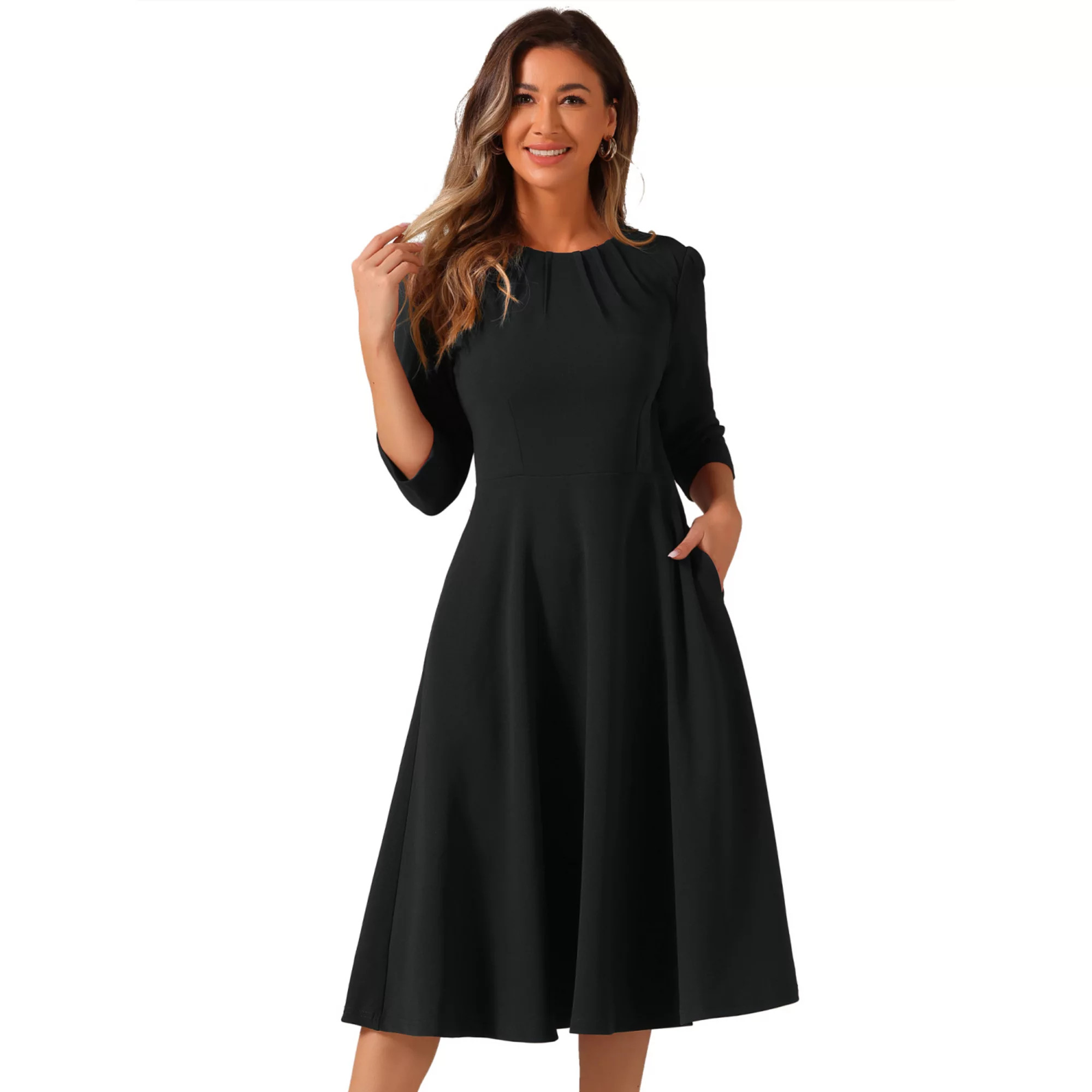 Elegant Work Dress for Women's 3/4 Sleeve Pleated Round Neck Pockets A-Line Swing Midi Dress | Kohl's
