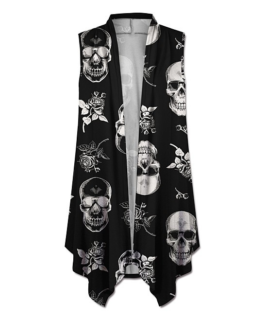 UDEAR Women's Open Cardigans Black - Black & White Skull Vest - Women & Plus | Zulily