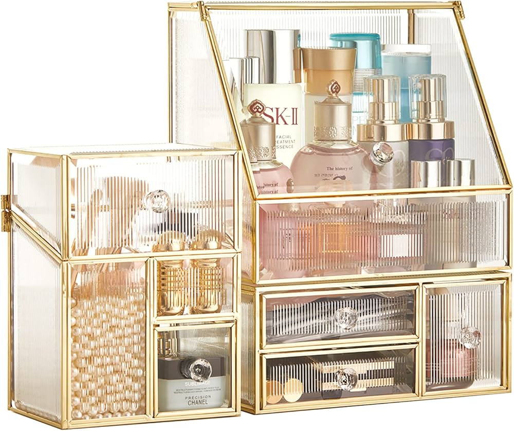 Stackable 3Pieces Drawer Set Glass Makeup Organizer Antique Countertop Vanity Cosmetic Storage Bo... | Amazon (US)