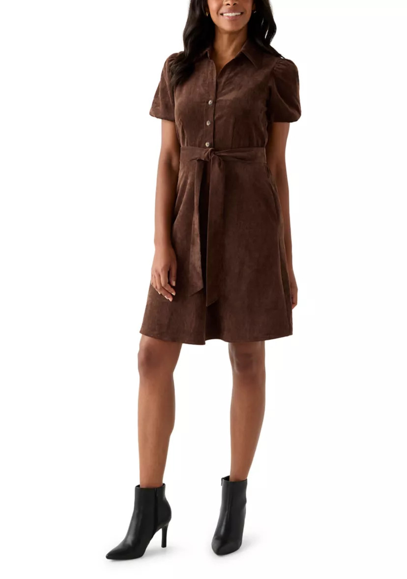 Women's Puff Sleeve Button Up Corduroy Midi Dress with Tie | Belk