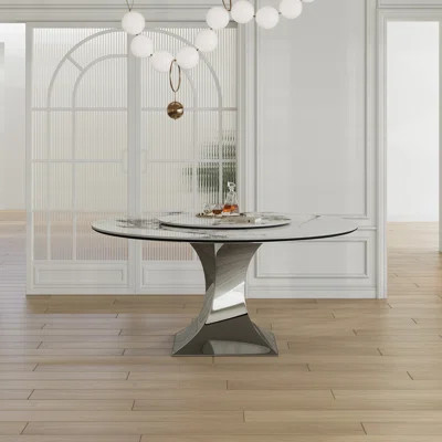 59" Round Sintered Stone Dining Table Set With Gold Stainless Steel Hourglass Base - Modern Luxury Marble-Look Kitchen Table For 4-6 People, Scratch | Wayfair North America