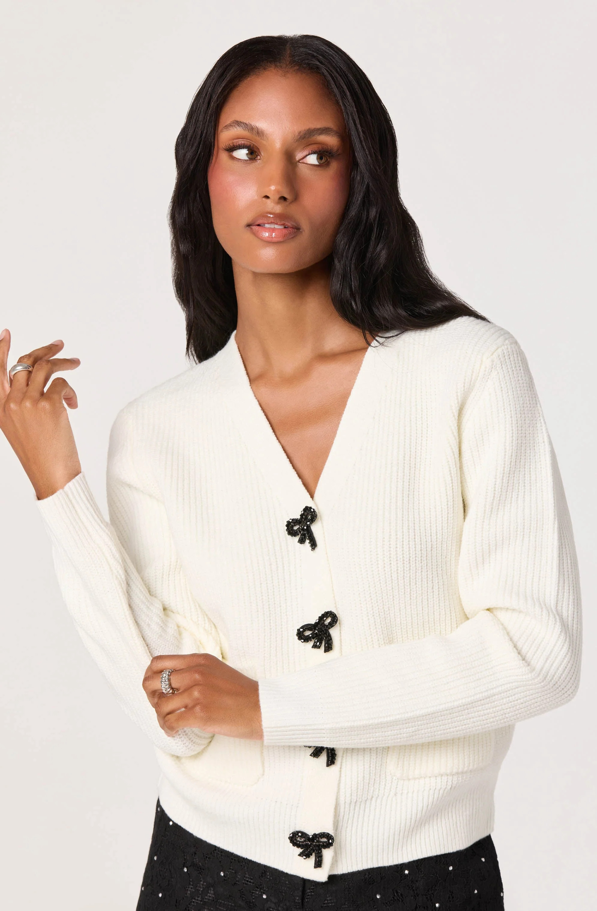 Embellished Bow Button Cardigan - Cream / XS | ASTR The Label (US)